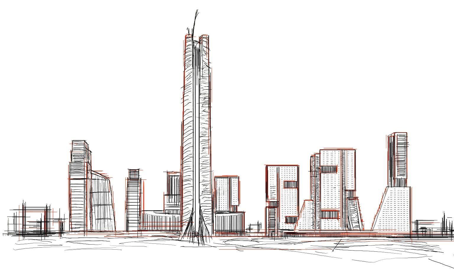 Hand-drawn skyline of Cairo's New Administrative Capital: a slender central tower flanked by blocky high-rises, black line with red pencil overlay.