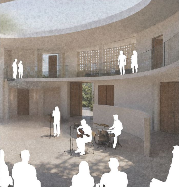 Interior render of a circular double-height hall lit from a skylight, with silhouette musicians on a curved stage and an audience in front.