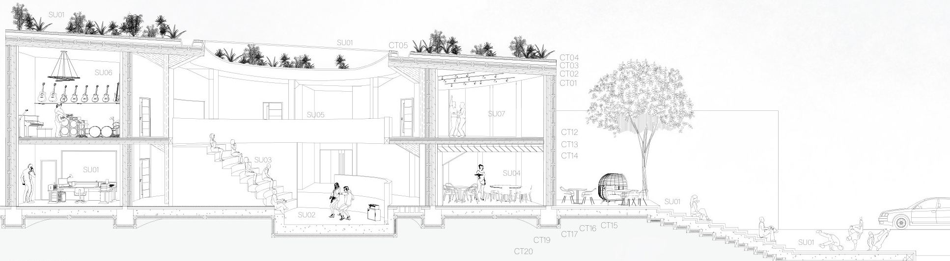 Long section through the Music Institution: recording studio, double-height performance hall with stepped seating, cafe and dance studio under planted roofs.