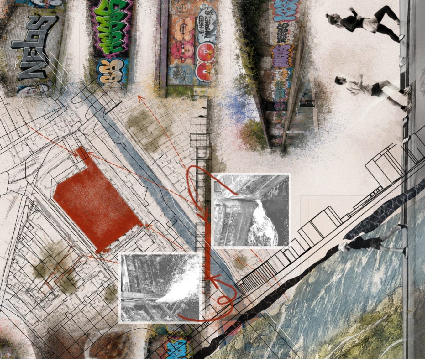 Site analysis collage: hand-drawn street plan with the site in red, graffiti walls, black-and-white weir photographs and people walking beside the canal.