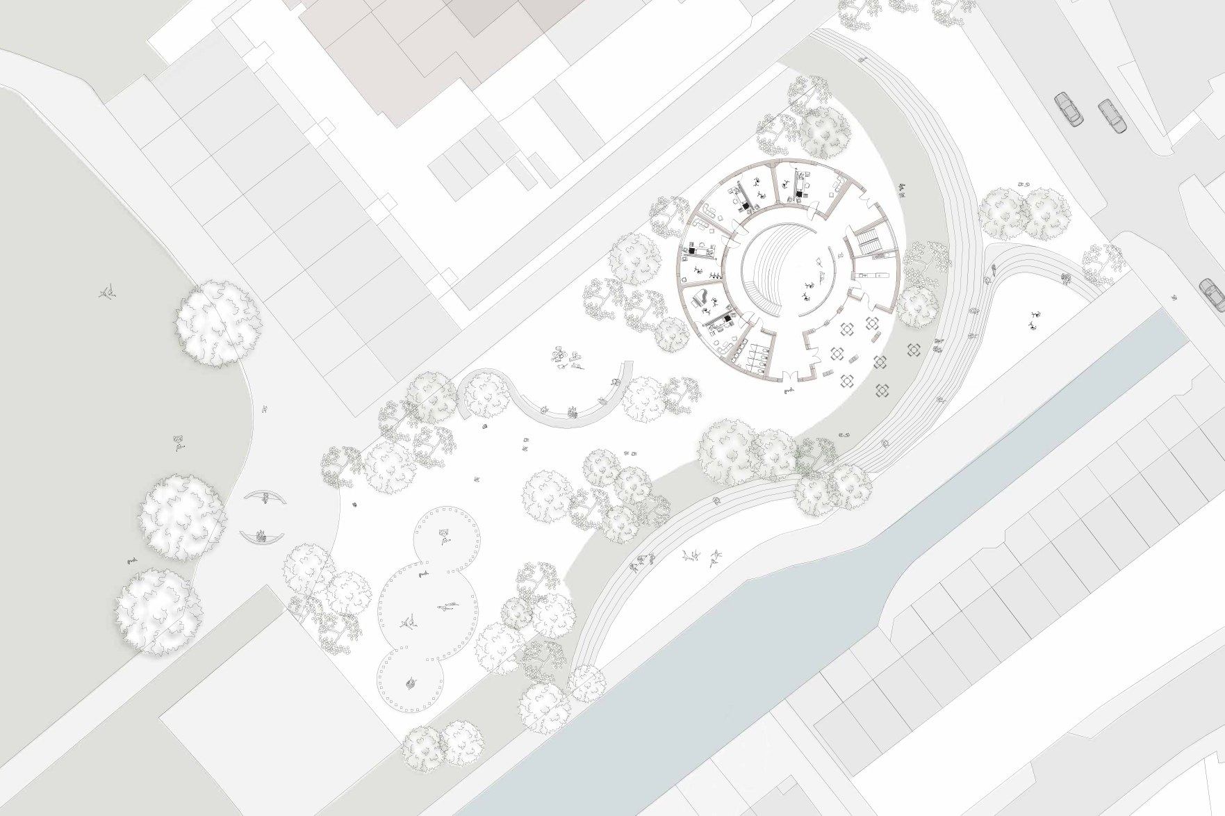 Site plan of the Music Institution, Reading: a circular building among trees, with curved stepped terraces descending to a canal crossing the site diagonally.