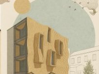 Parametric wall facade study for Maison Peplum: a rippled timber panel with three projecting box windows beside a glazed frame.