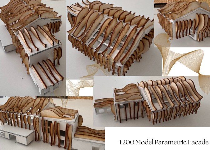 Five photographs of the 1:200 Maison Peplum model: curved laser-cut timber fins over a white card warehouse, with gold parametric line studies.