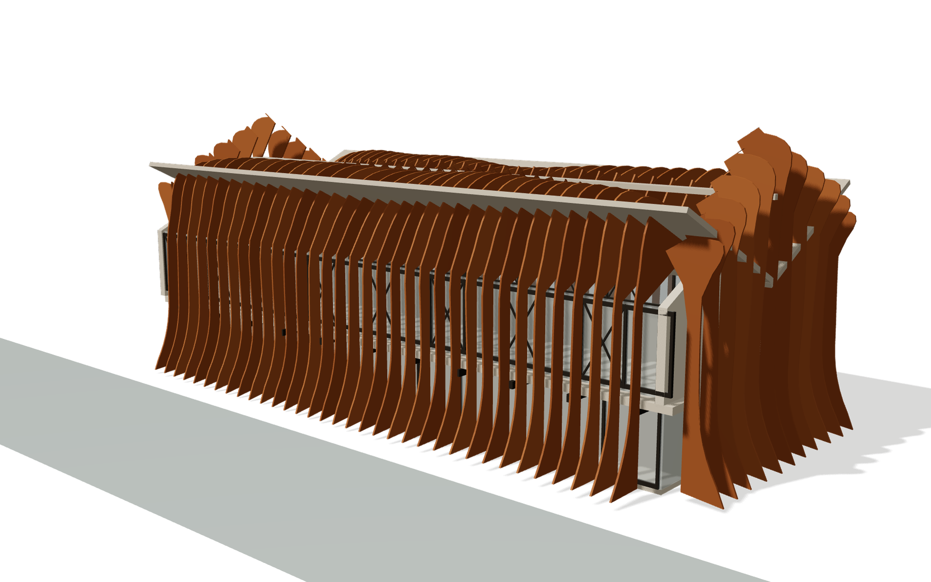 Still of the interpretive 3D study of Maison Peplum: curved timber-coloured fins wrapping a pitched-roof warehouse shell, seen from the canal side.