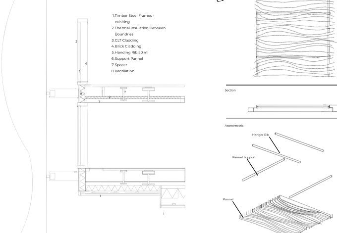 Wall build-up detail for Maison Peplum with a numbered legend, beside an elevation, section and exploded axonometric of the curved timber fin panel.